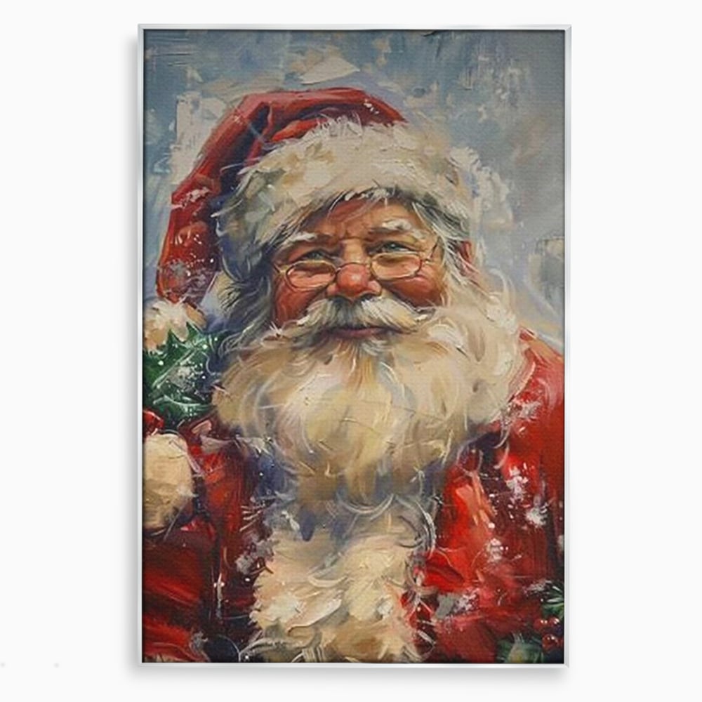 Tablou canvas cu pictura portret mos craciun cu ochelari, in rama de aluminiu argintiu